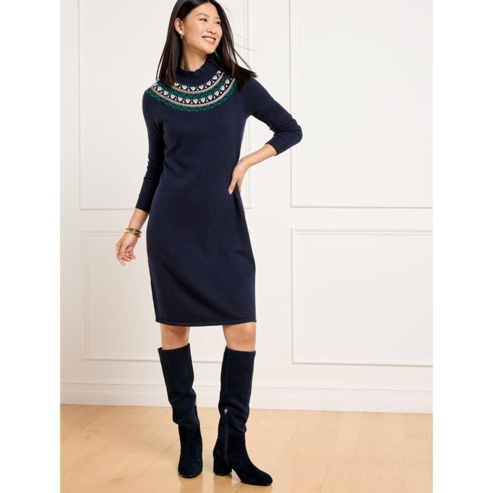 Talbots Navy Fair Isle Mock Neck Sweater Dress Size M Long Sleeve Gold‎ Buttons